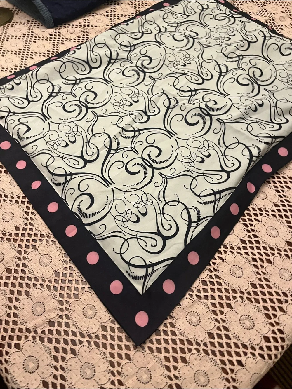 Black Scroll Pattern Square pillow sham with Pink Polka Dot Border
